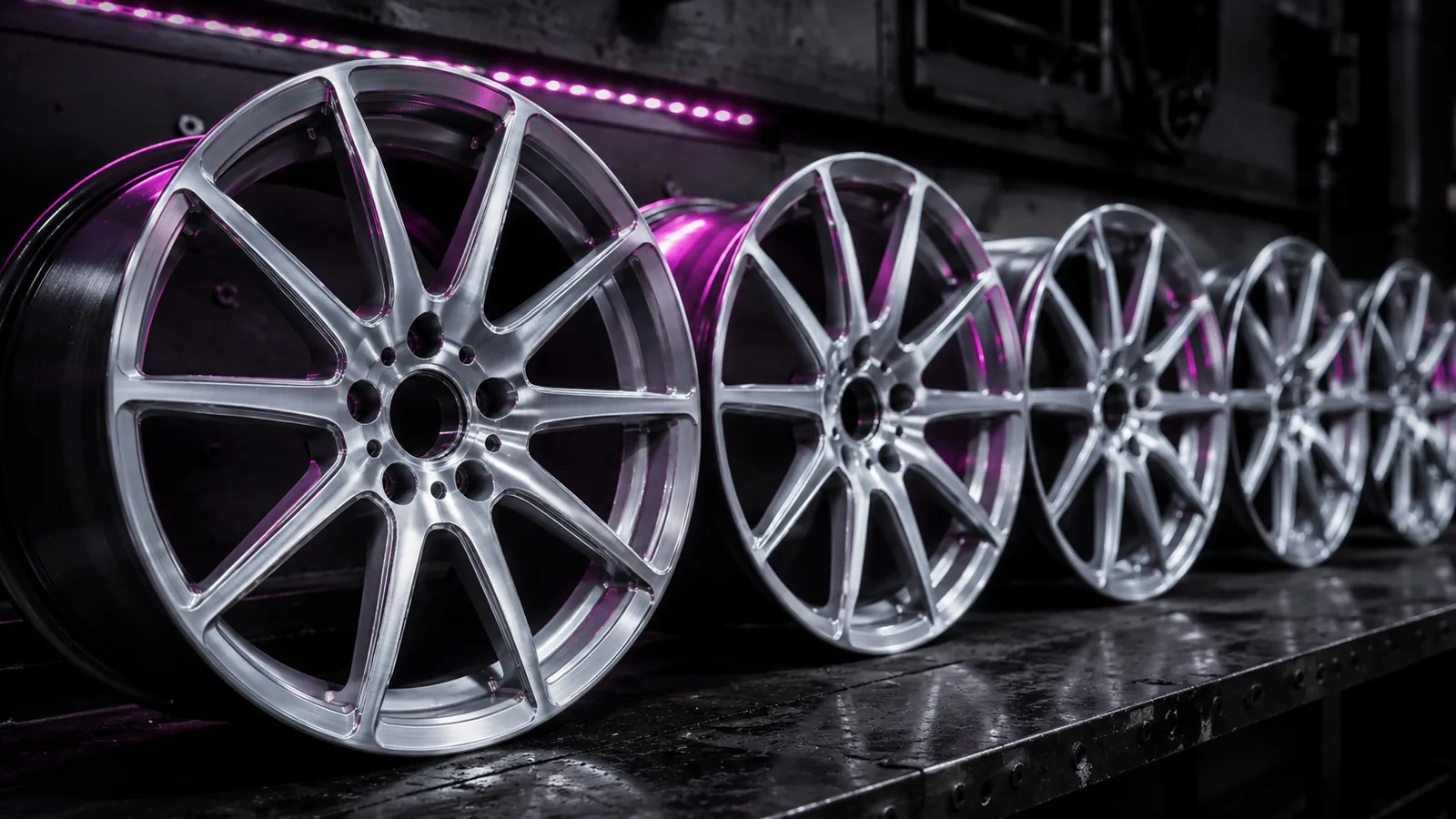 Reihe glanzgedrehter Alufelgen mit fein strukturierter Sichtfläche bei WheelFactory24
